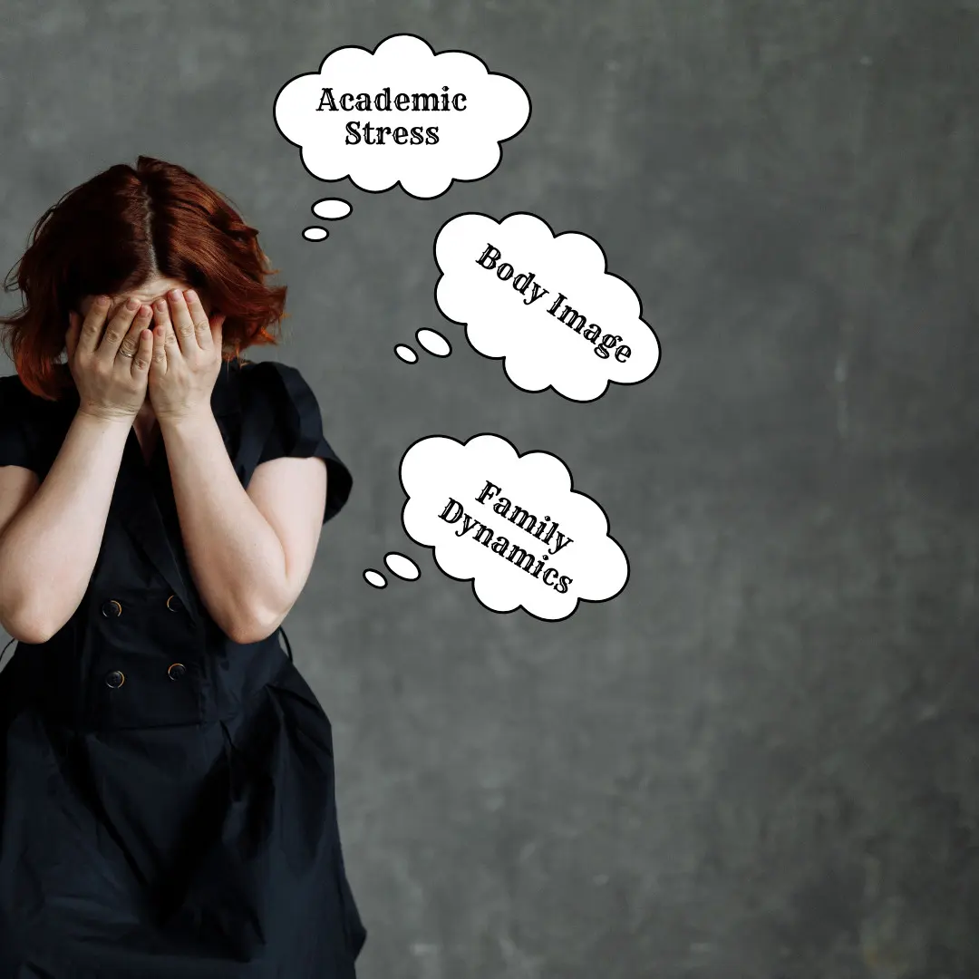 A child surrounded by thoughts of academic stress, body image and family dynamics